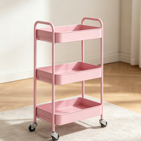 Pink 3-Tier Metal Rolling Cart Lockable Wheels 33 lbs