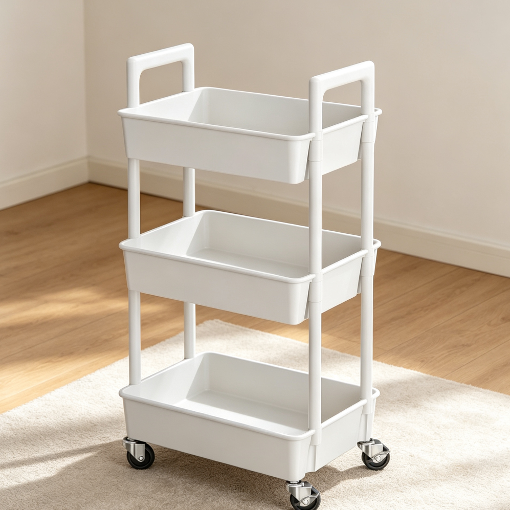 White Plastic 3-Tier Rolling Cart Lockable Wheels Handle
